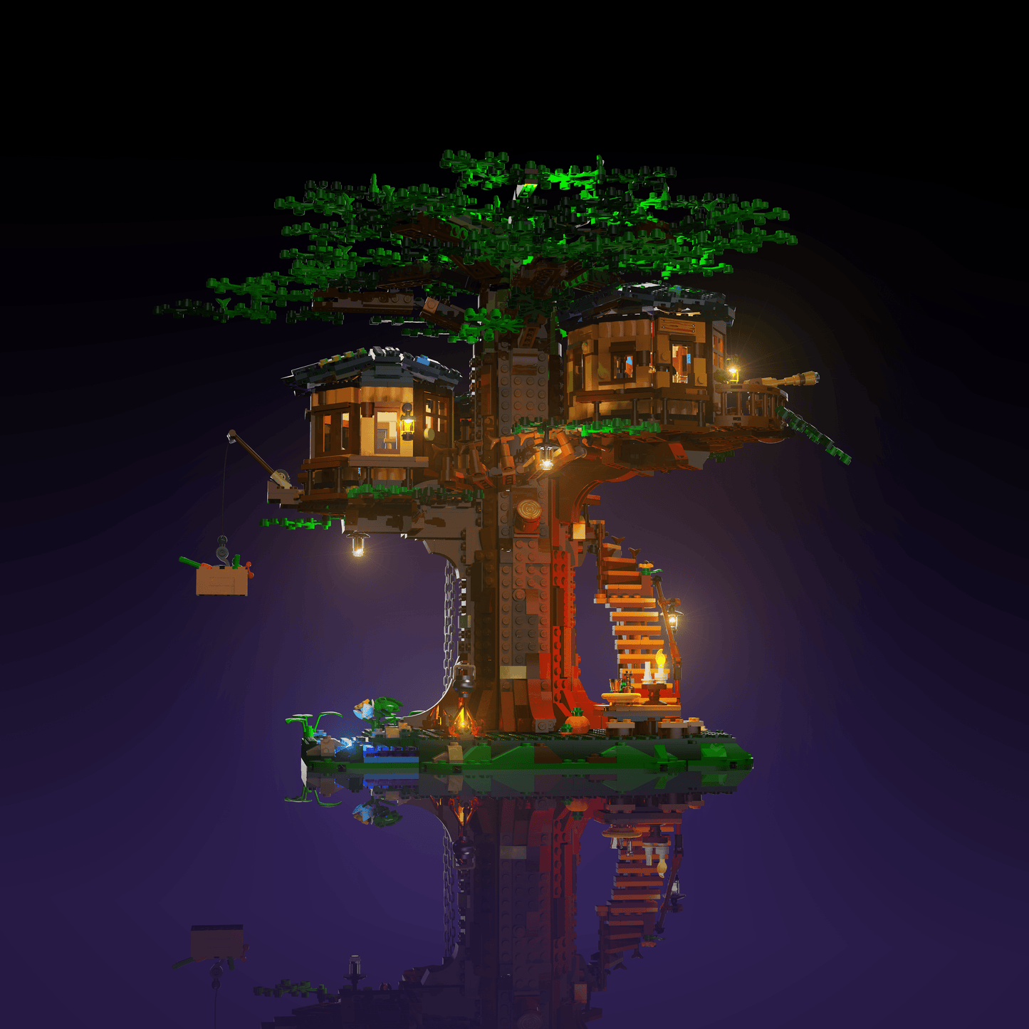 lighting kit for LEGO Tree House adds illuminated windows interiors and detail to the finished build for shelf display