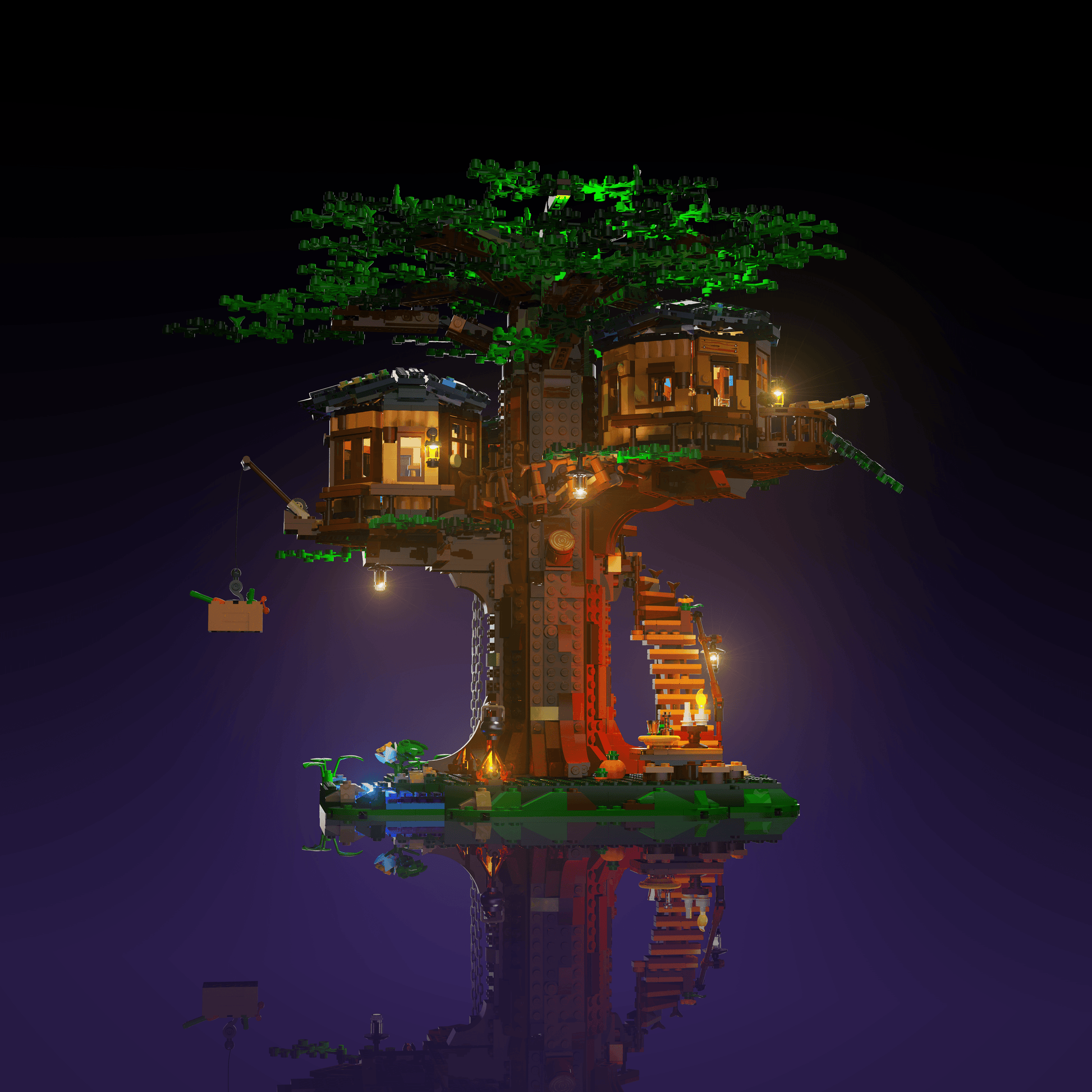 lighting kit for LEGO Tree House adds illuminated windows interiors and detail to the finished build for shelf display