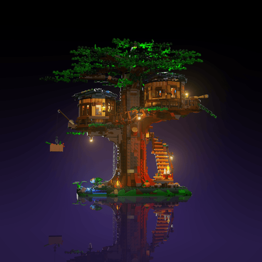 lighting kit for LEGO Tree House adds illuminated windows interiors and detail to the finished build for shelf display
