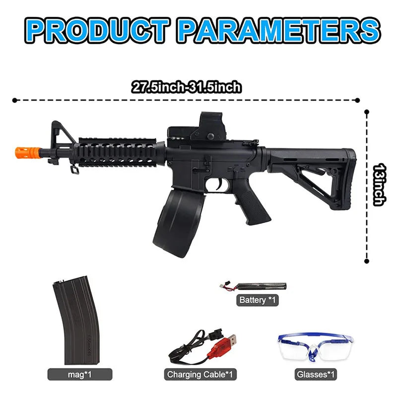 Black airsoft gun with accessories on a white background, labeled 'Product Parameters'.