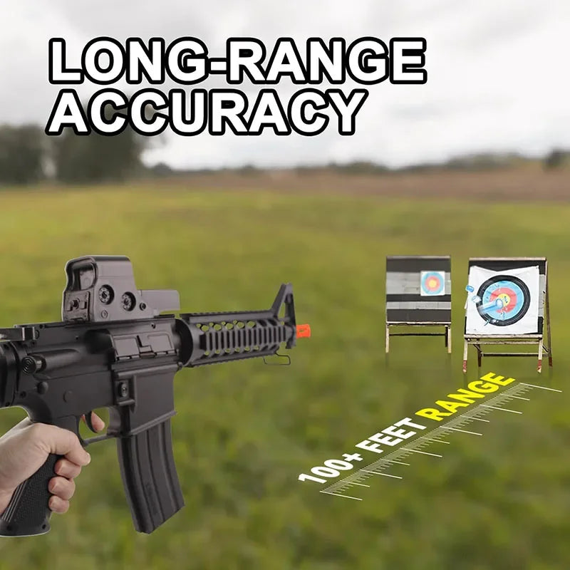 Rifle with scope aimed at targets in a field, emphasizing long-range accuracy.
