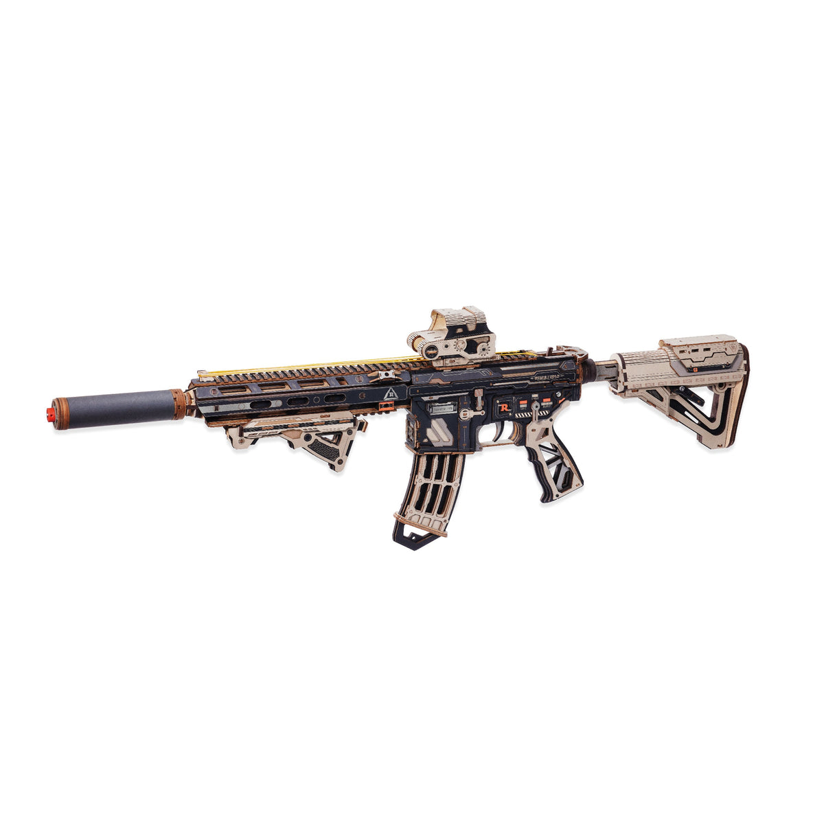 M416 wooden rubber band gun 3D puzzle kit for adults, 410 piece DIY toy gun model that shoots rubber bands in single or burst mode