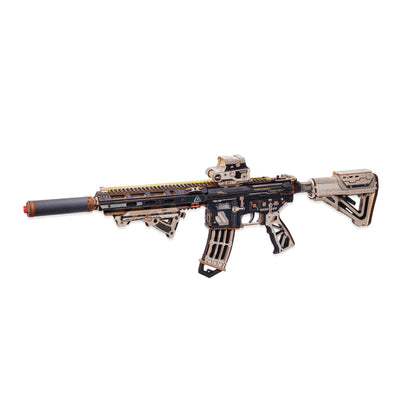 M416 wooden rubber band gun 3D puzzle kit for adults, 410 piece DIY toy gun model that shoots rubber bands in single or burst mode