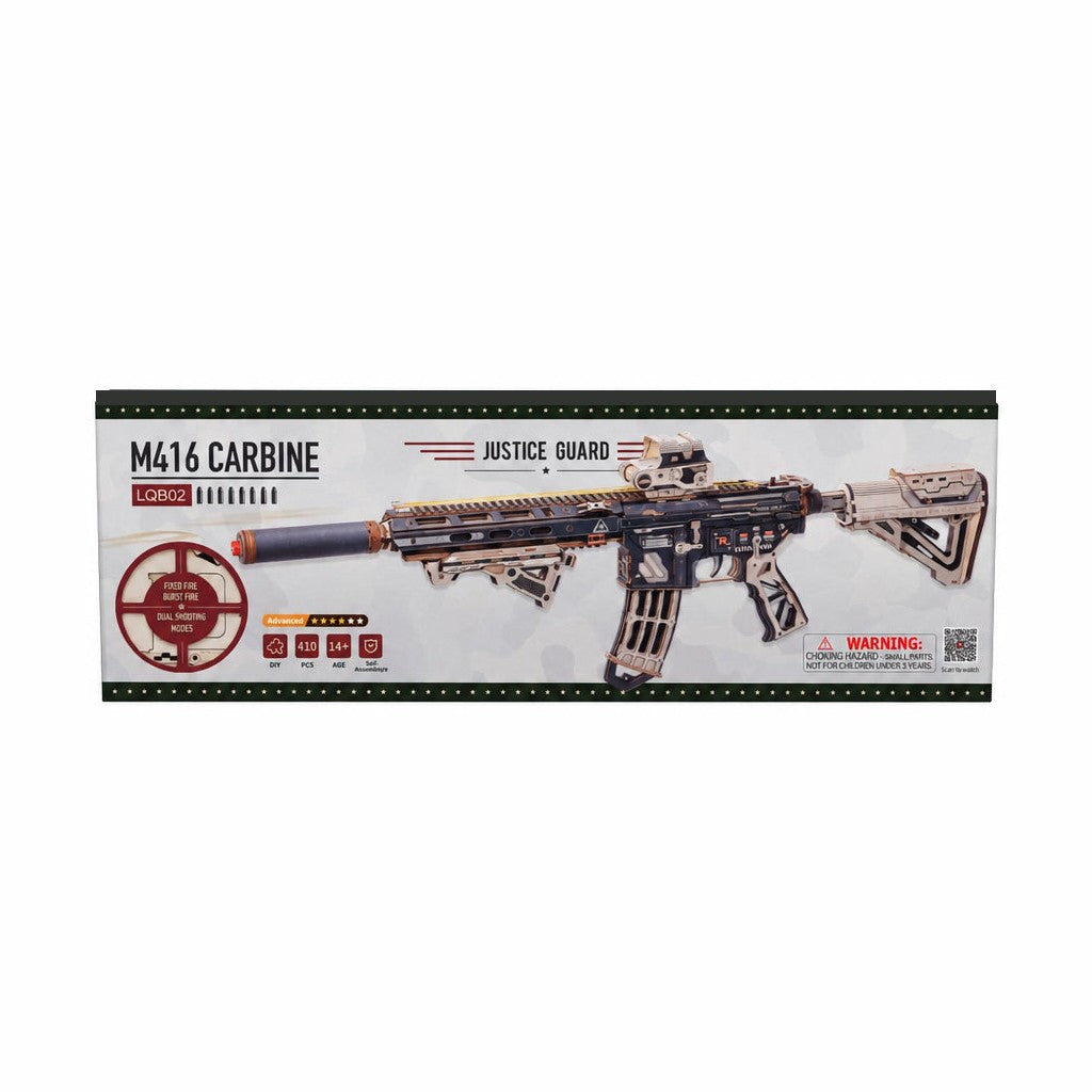 M416 3D wooden puzzle gift box with 410 pieces and 40 rubber bands, advanced DIY rubber band gun model kit for ages 14 and up
