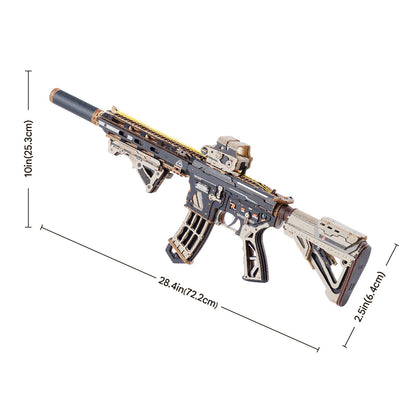 28 inch wooden toy gun model measuring 72 cm long, full size M416 rubber band shooter kit to build and display on a shelf or wall