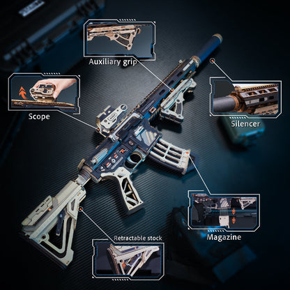 wooden gun puzzle with adjustable stock, angled foregrip, flip-up sight and quick-release magazine, M416 gun model kit for men