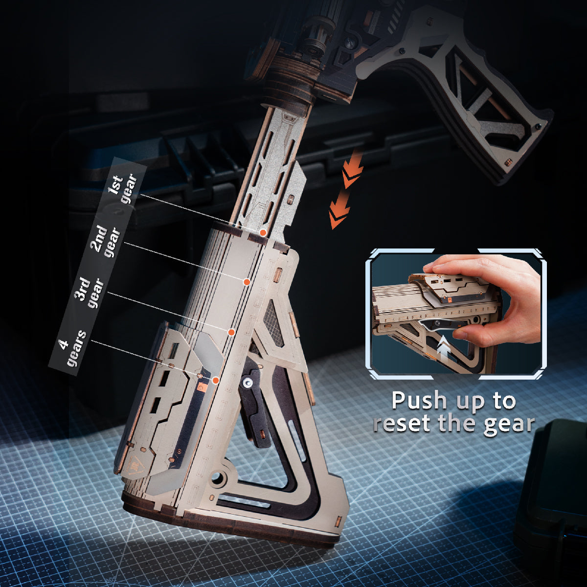 4-position adjustable stock on a DIY wooden rubber band gun kit, advanced 3D mechanical model kit for adults with moving parts