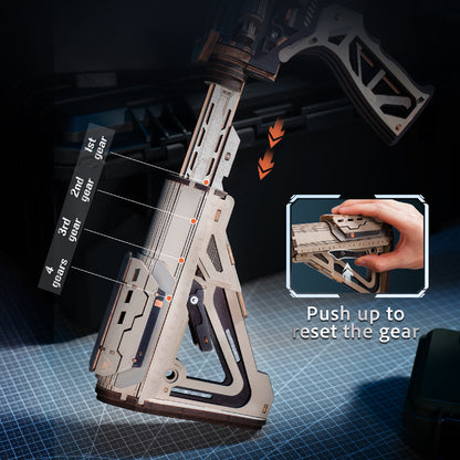 4-position adjustable stock on a DIY wooden rubber band gun kit, advanced 3D mechanical model kit for adults with moving parts
