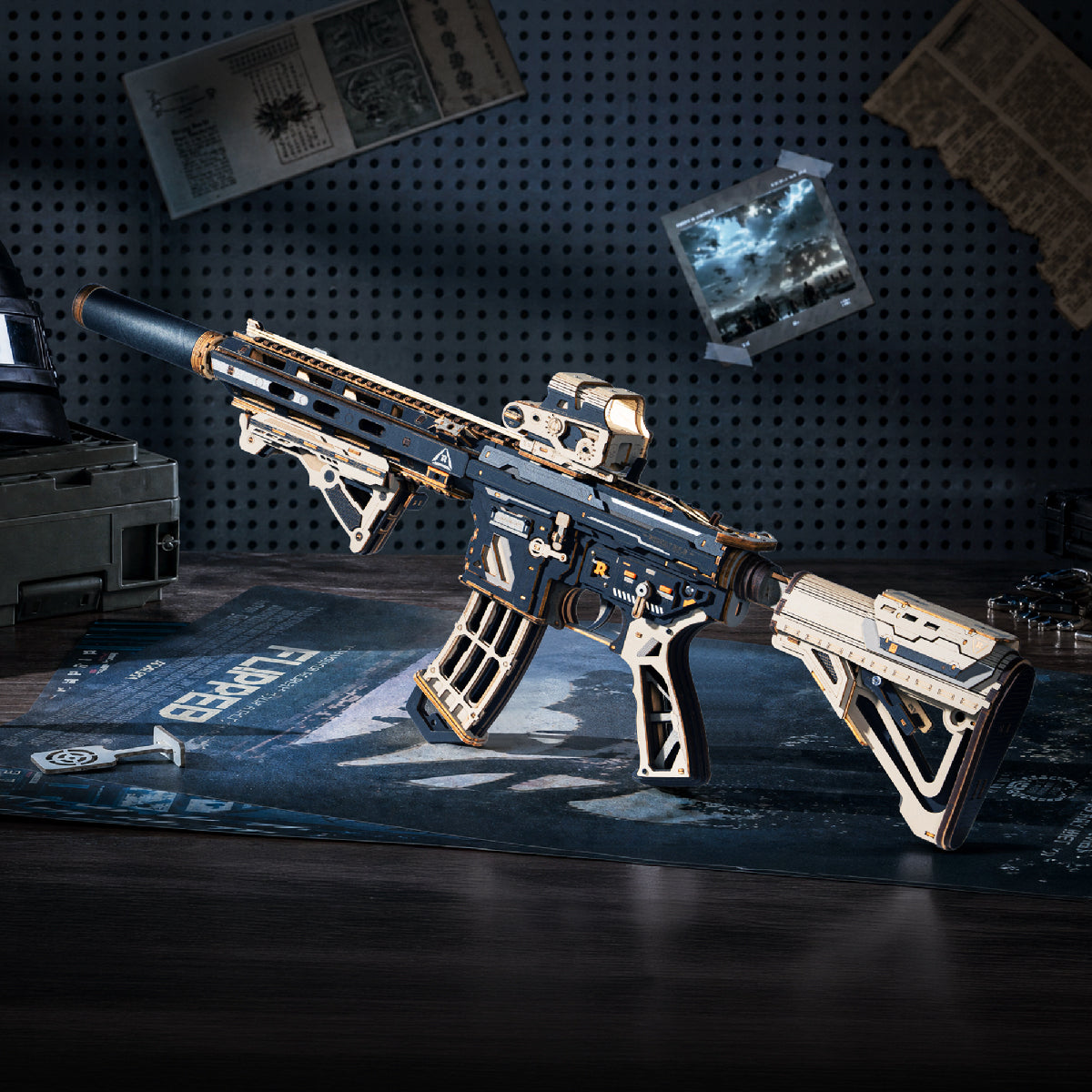 wooden M416 toy gun displayed in a game room or man cave, 3D wooden puzzle for adults and gamer gift for birthday or Christmas