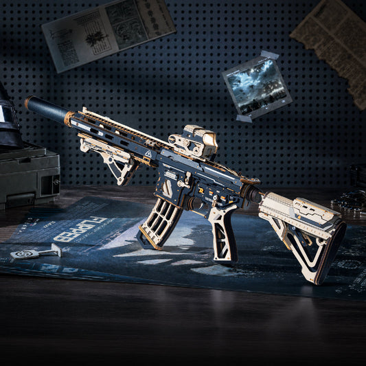 wooden M416 toy gun displayed in a game room or man cave, 3D wooden puzzle for adults and gamer gift for birthday or Christmas