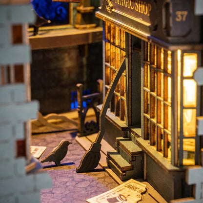fantasy book nook bookshelf insert with arched shelving tiny books and potion bottles wooden kit for adults