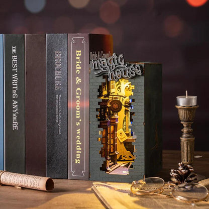 diy book nook shelf insert wizard study miniature diorama with warm LED lighting for a bookcase craft gift idea