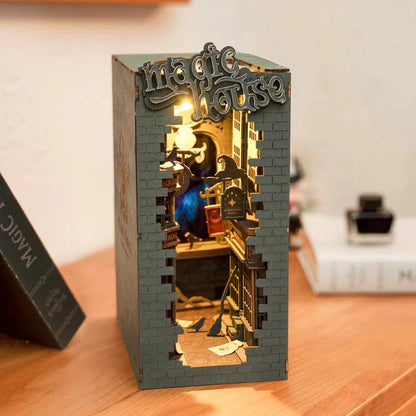 wizard book nook diorama with glowing shelves and books wooden model kit for shelf display adults craft gift idea