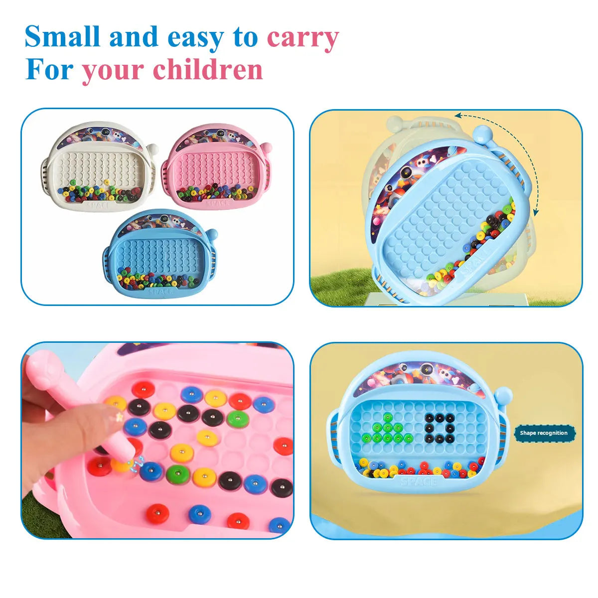 Puzzloria magnetic bead drawing board educational toy for kids fine motor skills development Blue Pink Beige