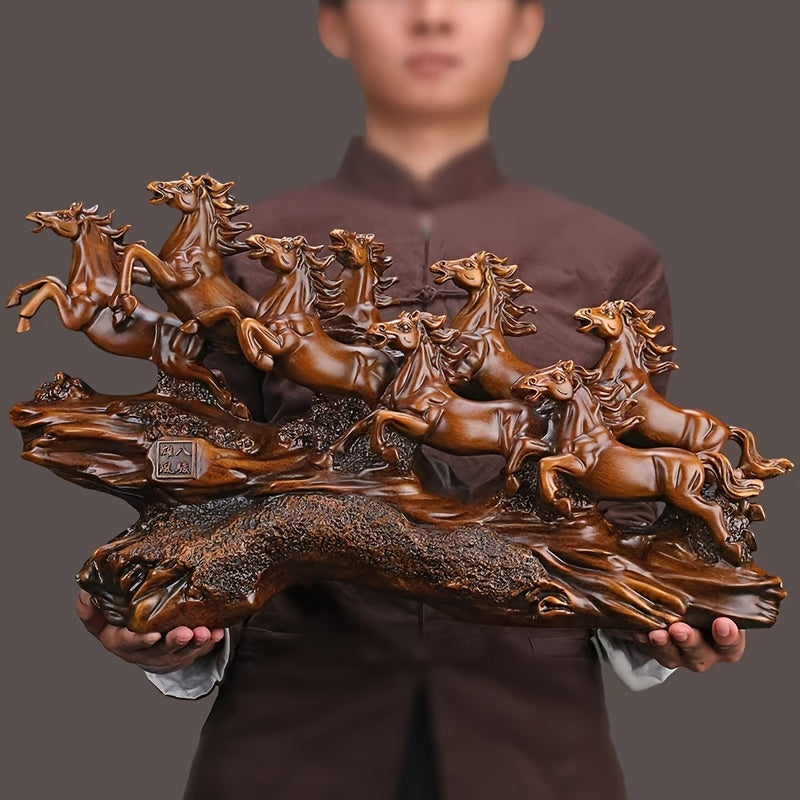 Majestic eight galloping horses feng shui resin sculpture with detailed craftsmanship and traditional Chinese symbolism for home decoration