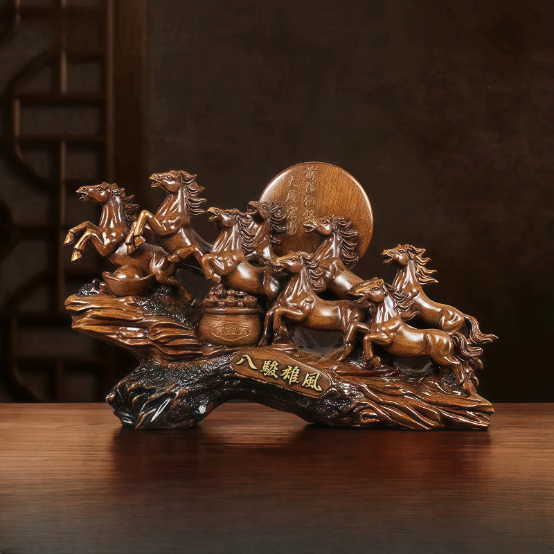 Majestic eight galloping horses feng shui resin sculpture with detailed craftsmanship and traditional Chinese symbolism for home decoration
