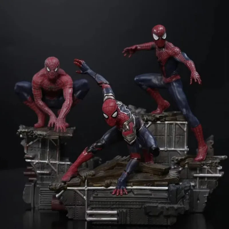no way home spider man statues set against a dark backdrop, marvel display cabinet centerpiece for a collector, Integrated Suit, Friendly Neighborhood Suit, Amazing Suit