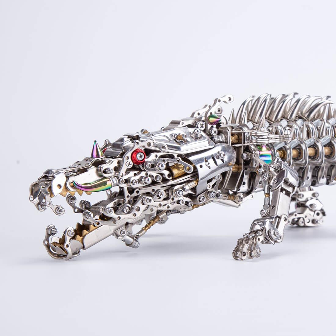 polished silver crocodile metal model kit gold rainbow iridescent accents steampunk desk sculpture centrepiece