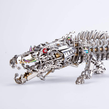 polished silver crocodile metal model kit gold rainbow iridescent accents steampunk desk sculpture centrepiece