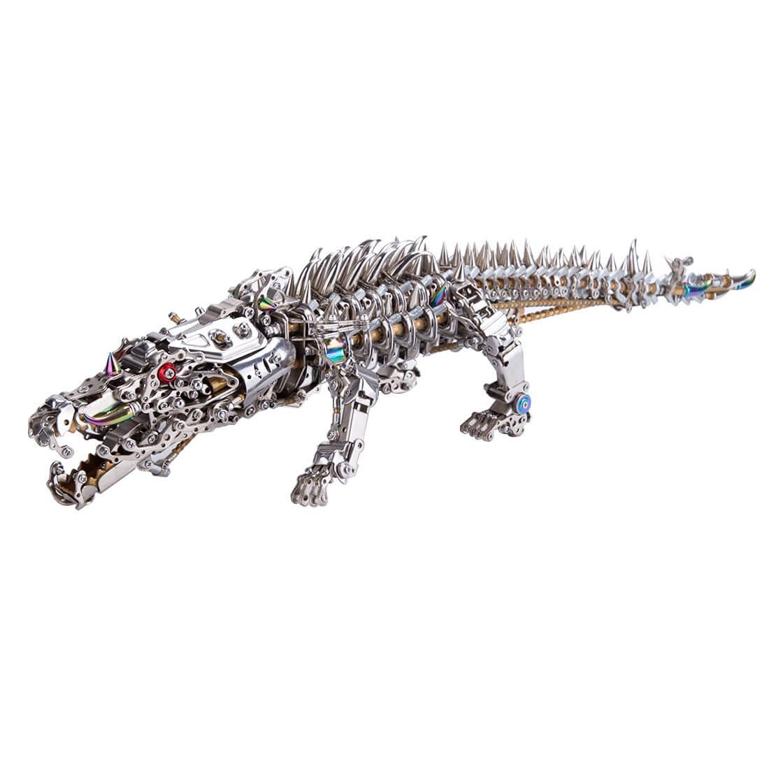 polished silver crocodile metal model kit gold rainbow iridescent accents steampunk desk sculpture centrepiece