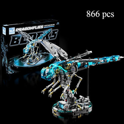 Puzzloria mechanical dragonfly building blocks set with LED lights and movable joints for STEM education and creative building