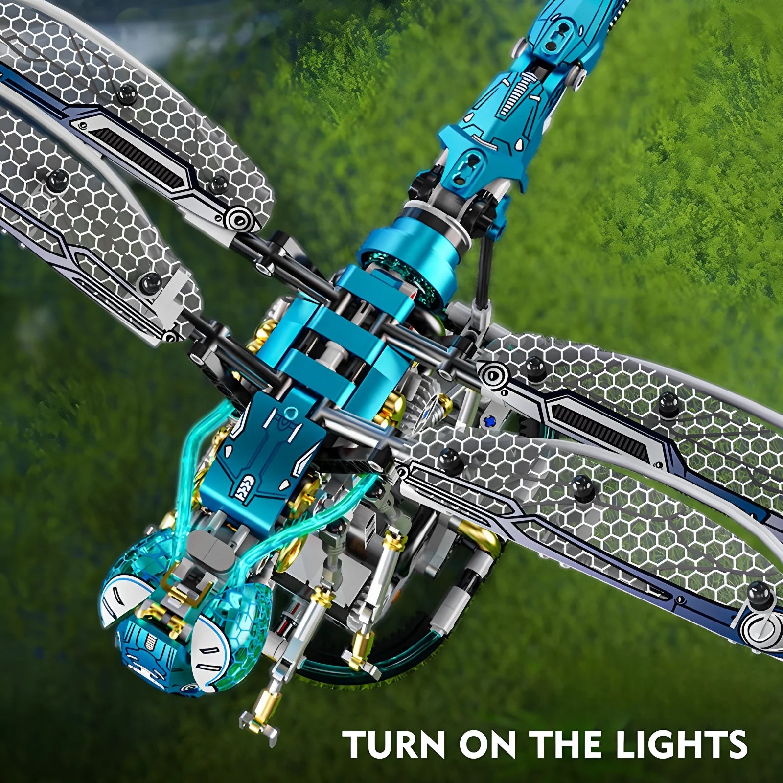 Puzzloria mechanical dragonfly building blocks set with LED lights and movable joints for STEM education and creative building