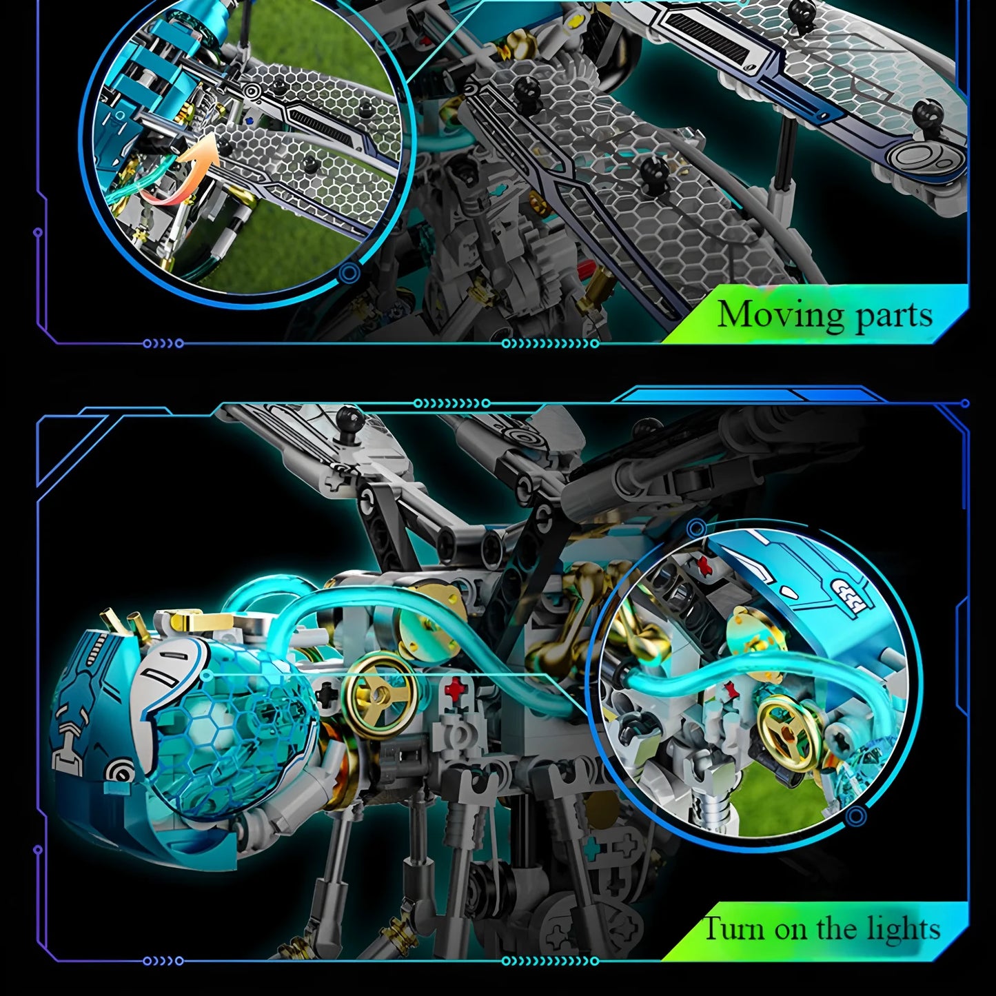 Puzzloria mechanical dragonfly building blocks set with LED lights and movable joints for STEM education and creative building