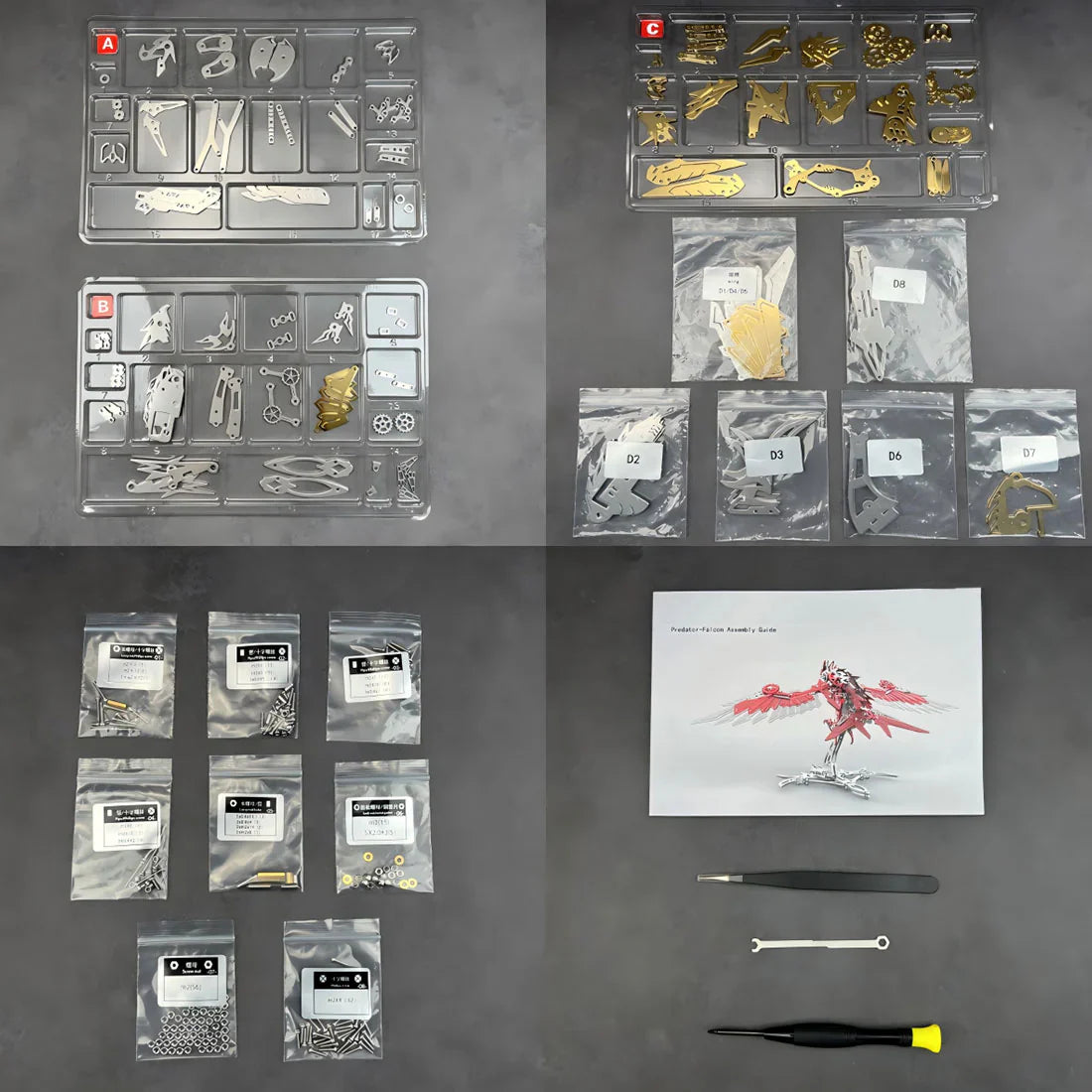 mechanical eagle predator falcon model kit box contents tool kit instructions parts trays 3d metal stainless steel - Gold Eagle, Silver Eagle, Red Eagle