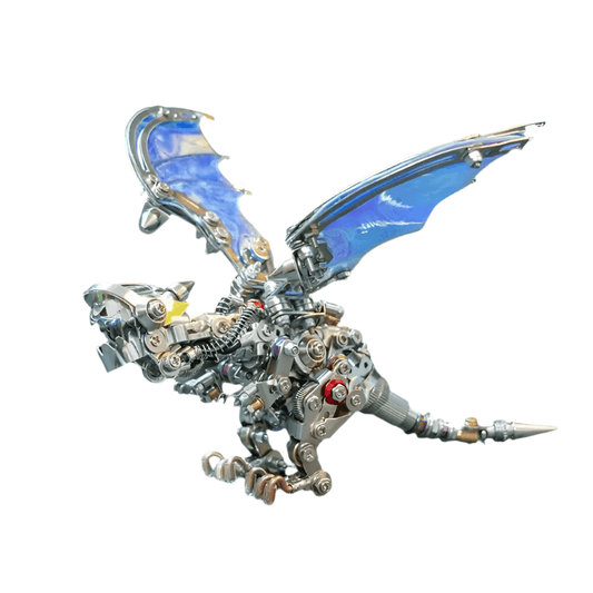 mechanical flying dragon 3d metal puzzle kit with articulated wings assembled as an adult model building project, Blue