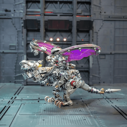 mechanical dragon 3d metal puzzle with raised wings as a study desk and bookshelf centrepiece for fantasy fans, Purple Red