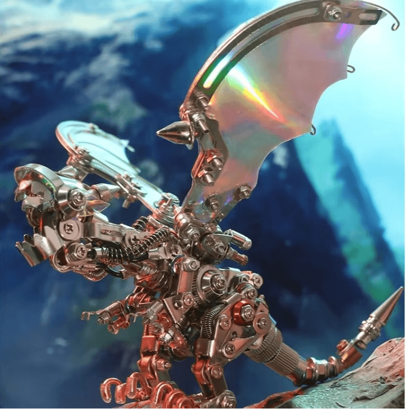 metal dragon puzzle model with iridescent wing panels displayed as fantasy room decor and shelf art, Colorful