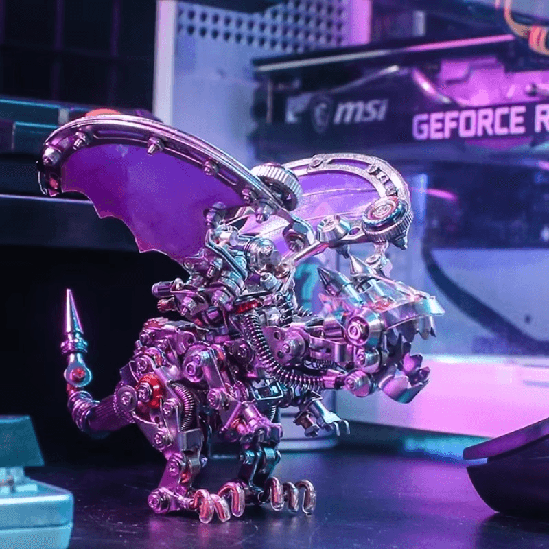 mechanical dragon 3d metal kit on a gaming setup as pc battlestation decor for fantasy and model fans, Purple Red