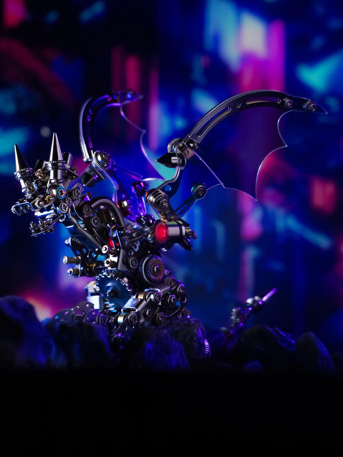 3d metal dragon model kit lit display for a gaming room shelf with fantasy dragon sculpture styling, Blue, Purple Red, Colorful