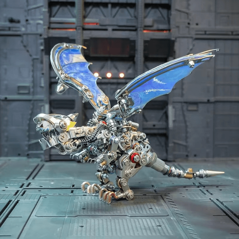 metal dragon puzzle kit with outstretched wings as a birthday gift for model kit and fantasy hobbyists, Blue