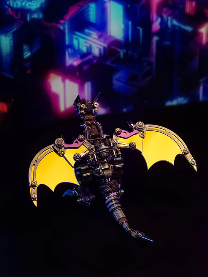 metal dragon model kit with iridescent wings spread wide as a fantasy sculpture for a collector shelf, Colorful
