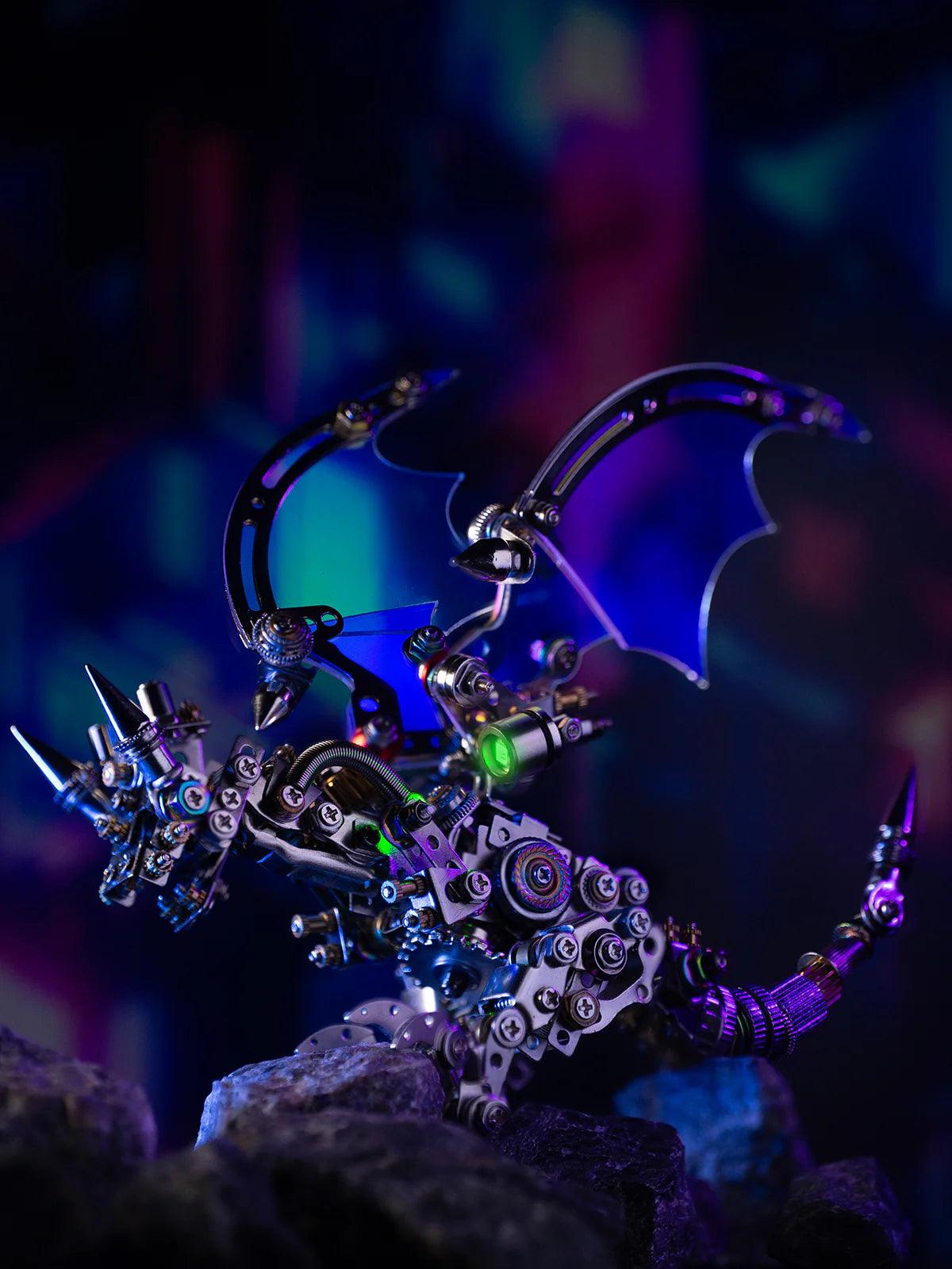 mechanical flying dragon metal kit in a neon scene as gaming desk decor for teens and adult hobbyists, Purple Red