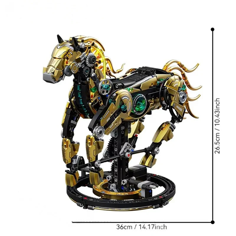 mechanical horse building kit 1055 pieces with gold armor plating on a display stand, 36 cm mecha stallion model