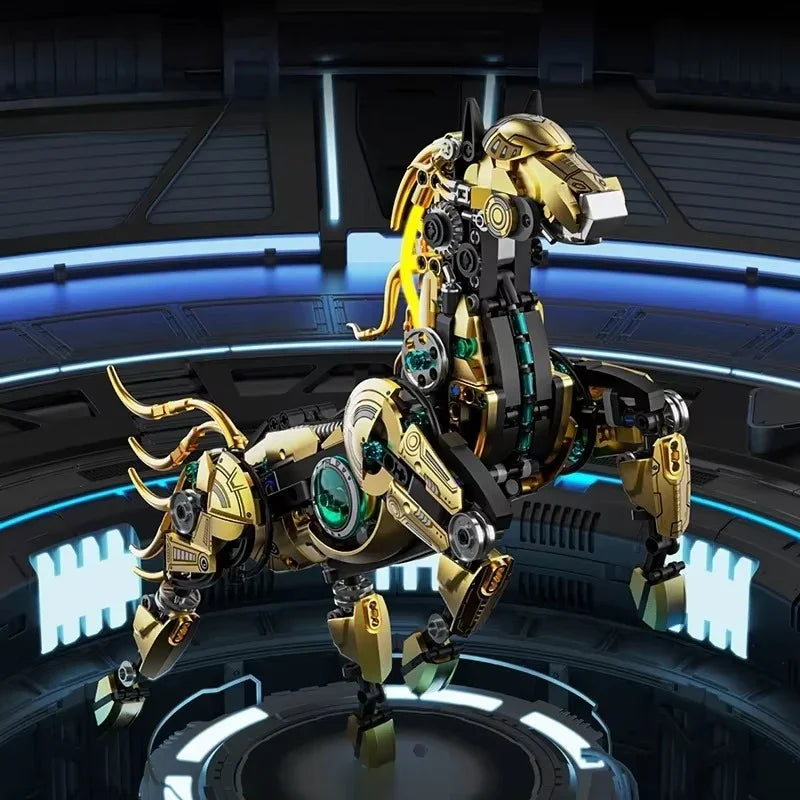 brick built mecha horse sculpture with exposed gears and glowing core panels, sci fi model kit for teens and adults