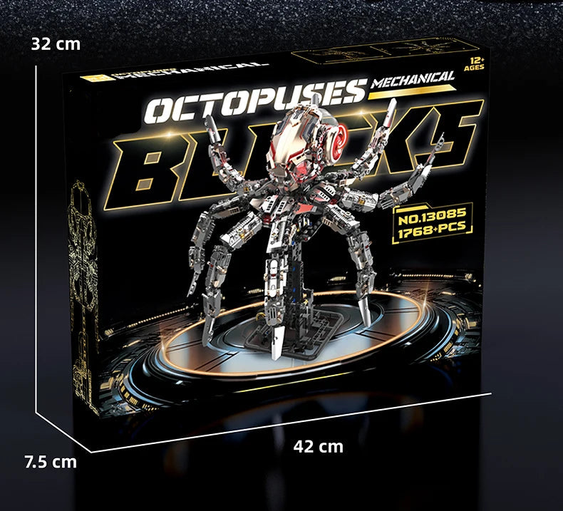 Puzzloria mechanical octopus building set with LED lights and articulated tentacles - premium STEM construction toy for ages 12 and up