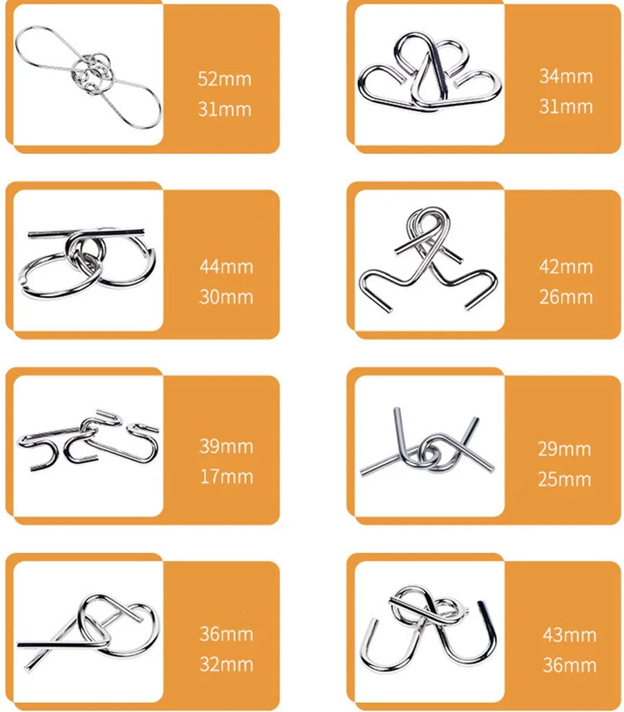 8Pcs/Set Metal Montessori Puzzle Wire IQ Mind Brain Teaser Puzzles Adults Interactive Game Reliever Educational Toys BRNPZL1 BRNPZL2 BRNPZL3 BRNPZL4