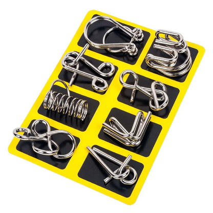 travel puzzle set 8 metal wire brain teasers compact blister pack stocking stuffer gift for puzzle hobbyists – Blue, Yellow, Pink, Green