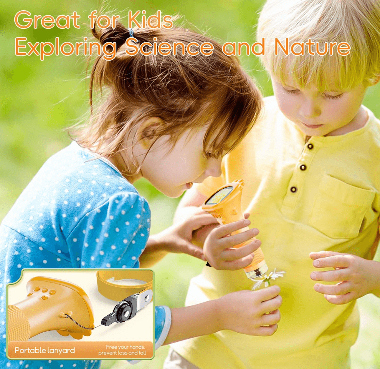 Two children using 1000X handheld digital microscope outdoor science exploration with portable lanyard — SCOPE-1, SCOPE-2, SCOPE-4