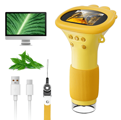 Micro Explorer Pro 1000X digital microscope kit with leaf macro on monitor, USB-C cable, lanyard — SCOPE-1, SCOPE-2, SCOPE-4
