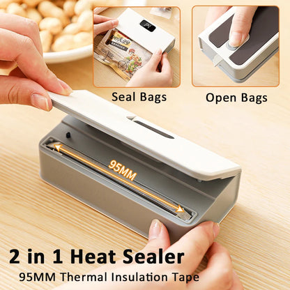 2-in-1 mini bag sealer and cutter handheld heat sealer for snack pouches food storage kitchen gadget magnetic – White, Blue