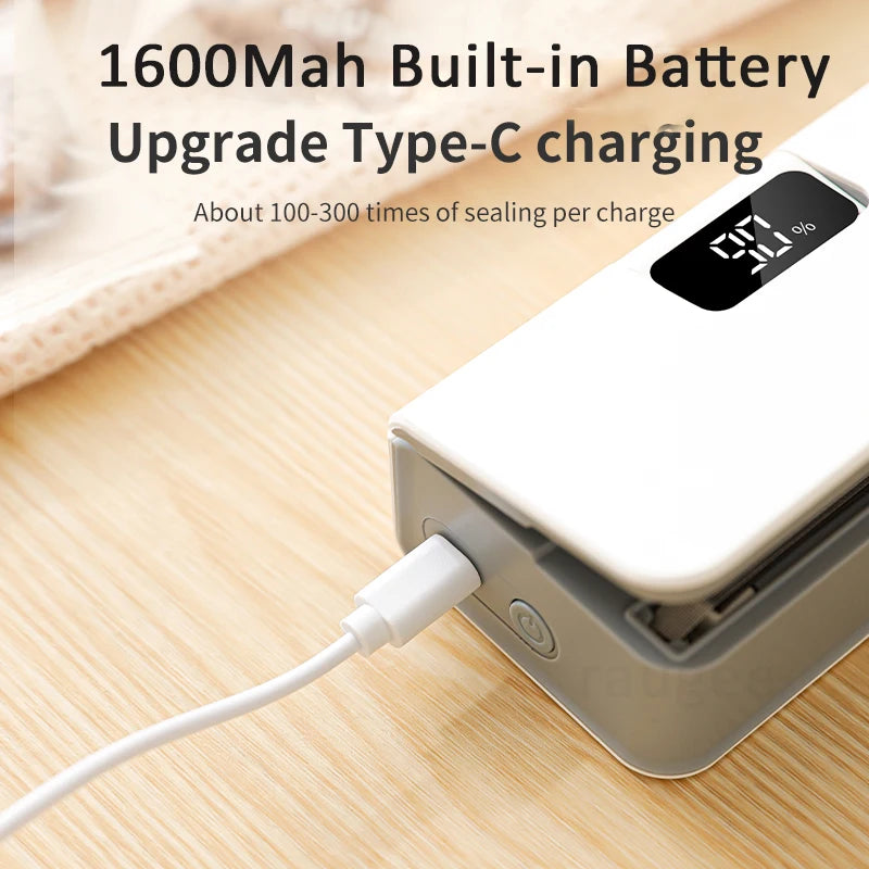 mini bag sealer USB-C rechargeable kitchen gadget 1600 mAh battery handheld heat seal cutter food storage tool – White, Blue