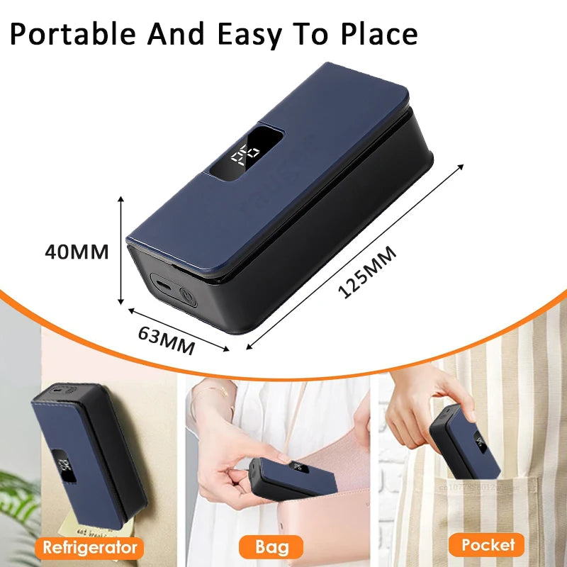 portable mini bag sealer pocket-size heat sealer fridge magnet food storage gadget for kitchen travel and pantry – White, Blue