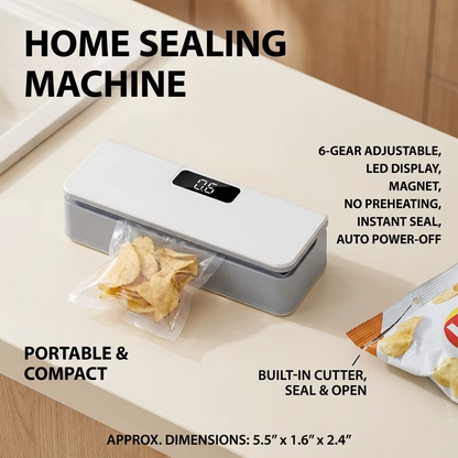 home mini bag sealer 6-gear LED kitchen gadget magnetic base auto power-off heat seal and cutter for food bags – White, Blue