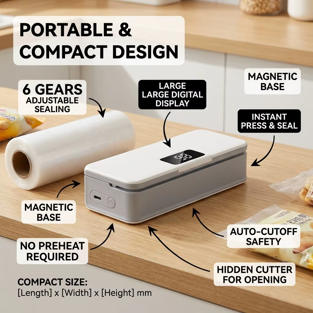 compact mini bag sealer with magnetic base hidden cutter LED display kitchen pantry organizer USB rechargeable – White, Blue