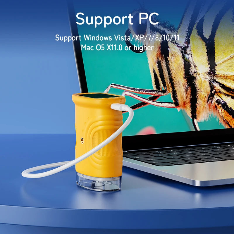 Mini Pocket 1000X microscope for kids USB-C connected to laptop showing bee Windows Mac — 3256809371507080-Y, 3256810283375443-W, 3256809371507080-P, 3256810283375443-P