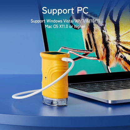 Mini Pocket 1000X microscope for kids USB-C connected to laptop showing bee Windows Mac — 3256809371507080-Y, 3256810283375443-W, 3256809371507080-P, 3256810283375443-P